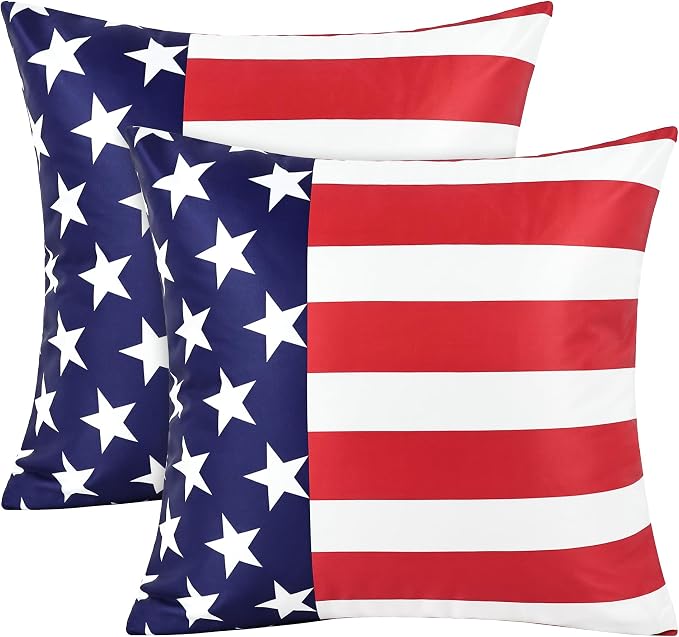 4th of July Pillow Covers 18x18 Inch Set of 2 | Patriotic Outdoor Throw Pillow Covers, American Star Red Blue Stripe Decorative Cushion Case for Independence Memorial Day