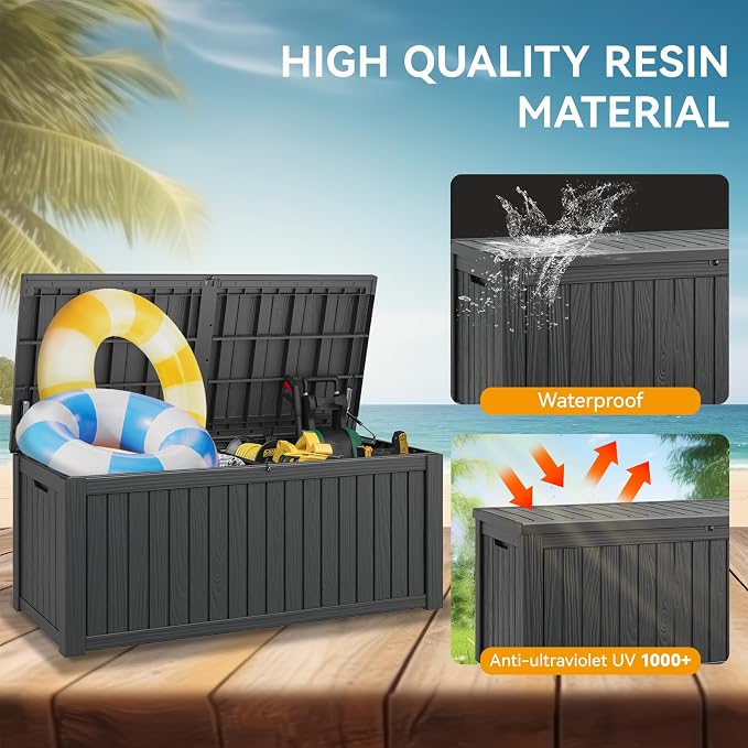 KAMABOKO Outdoor Storage Box, 230 Gallon Large Outdoor Resin Deck Box, Storage Waterproof Boxes Lockable Lid for Garden Tools, Pool Supplies, Patio Furniture and Cushions, Black