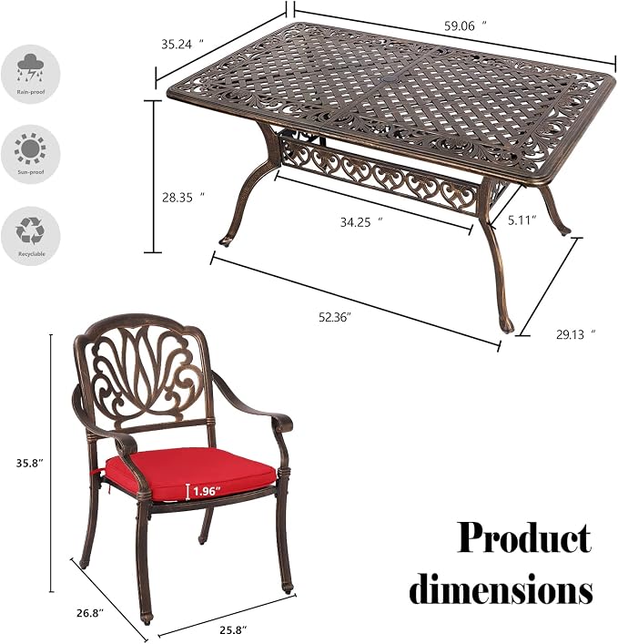 TITIMO 7-Piece Cast Aluminum Patio Dining Set, Outdoor Dining Furniture Patio Conversation Set, Rectangular Table w/Umbrella Hole for Backyard Deck Poolside (Red-Fixed Elizabeth Chair, 7 Pcs)