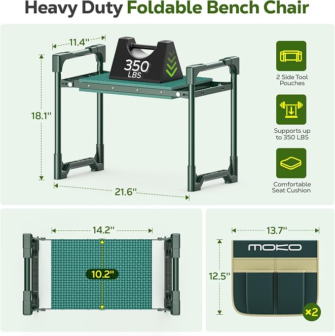MoKo Garden Kneeler, 350 lb Foldable Garden Kneeler and Seat Tool Bag,Green | 2-in-1 Heavy Duty Gardening Stool,10.2in widened seat cushion and 2 Oxford tool bag, Gardening Gifts for Women, Seniors,