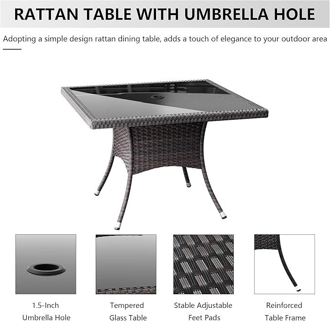 Kullavik 10 Pieces Outdoor Dining Set Patio Rattan Furniture Set,Patio Dining Table and Chairs Set with 8 Chairs and Cushions,Square Glass Tabletop with Umbrella Hole for Patio,Backyard,Sand