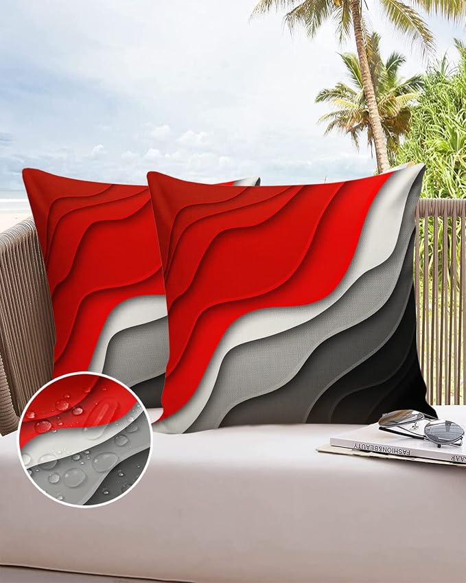 Funy Decor Waterproof Outdoor Throw Pillow Cover Red Modern Geometric Lumbar Pillowcases Set of 2 Grey Abstract Beach Decorative Patio Furniture Pillows for Couch Garden 26x26 inch x 2pcs