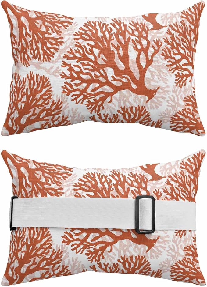 Outdoor Lumbar Pillow Set of 2, Red Coral Waterproof Beach Headrest Pillow with Inserts, Coastal Summer Ocean Nautical Sea Recliner Throw Pillows for Patio Furniture, 11 x 16