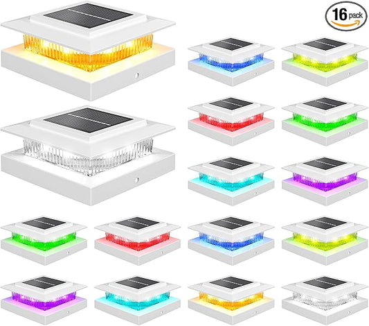 4x4 Post Solar Lights Color Changing,Solar Post Light,16 Pack White | RGB Solar Post Cap Lights for 4x4 Post Caps Wood Vinyl,5x5 Vinyl,IP44 Waterproof Fence Post Solar Lights Outdoor for Deck