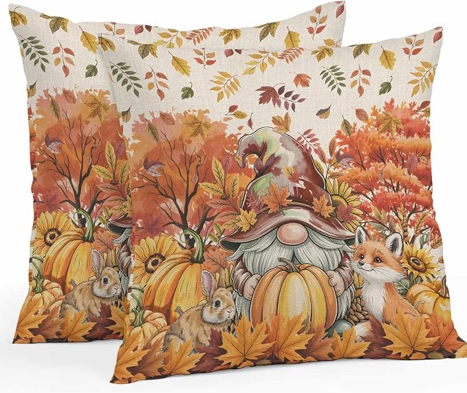 Fall Gnomes Pumpkin Outdoor Waterproof Pillow Covers, Maple Leaves Animal Country Vintage Decorative Square Throw Pillowcase Sofa Cushion Sham for Patio/Couch/Chair, 24"x24" 2 Pack