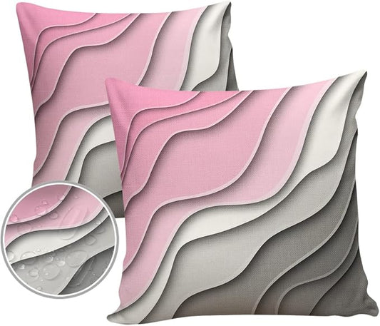 Outdoor Waterproof Pillow Covers for Patio Furniture Pink Modern Geometric Decorative Throw Pillow Cover Abstract Beach Pillowcases Set of 2 Cushion Case for Sofa Couch Chair Home Decor 16 x 16 Inches