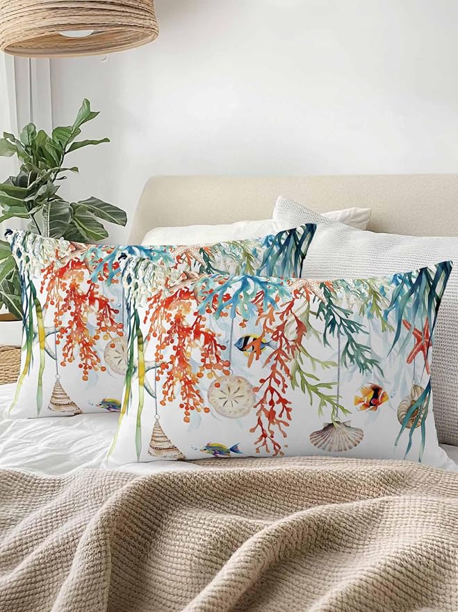 Outdoor Waterproof Throw Pillows Summer Colorful Coral Shell Conch Patio Pillows Pack of 2,Decorative Pillow Covers with Insert,Pillow Cushion Case for Garden Couch Sofa Sea Starfish Fish Marine Life