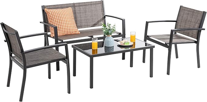 Vongrasig 4-Piece Modern Metal Textilene Patio Furniture Set - Small, Taupe with Loveseat & Glass Table for Lawn, Garden, Porch, Balcony, Backyard (Taupe)
