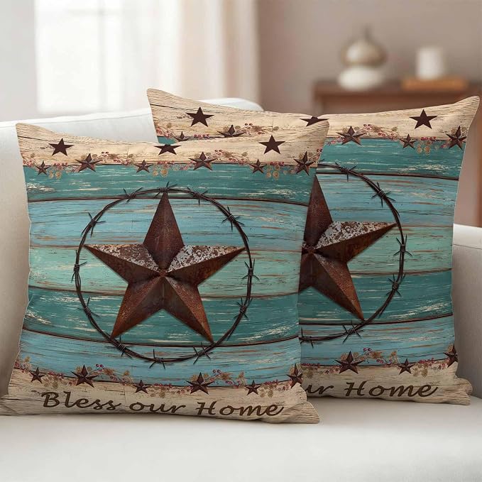 Texas Star Country Outdoor Pillow Covers 18x18 Inch Throw Pillow Covers Set of 2 Waterproof Decorative Pillow Cases Western Old Wooden Board Vintage Cushion Covers for Patio Furniture Garden Couch
