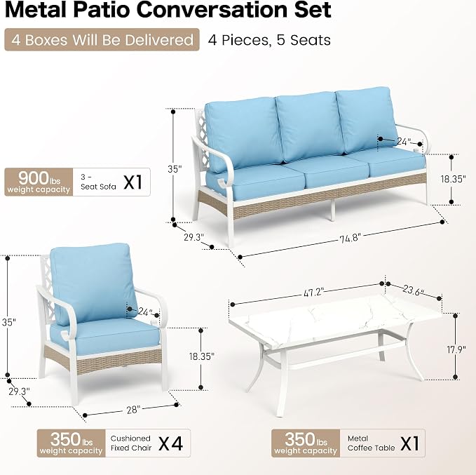 SUNSHINE VALLEY 6 Piece Metal Outdoor Patio Furniture Sets, Patio Conversation Sets 1 3-seater Sofa, 4 Single Sofa with 5.75" Extra Thick Cushion and Coffee Table, White Frame Backyard Furniture, Blue