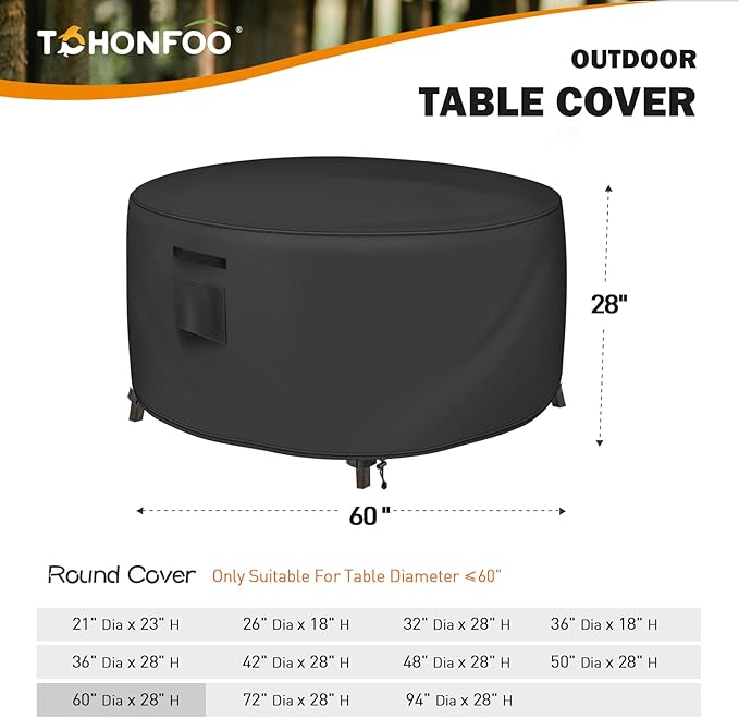 Round Patio Table Cover, Outdoor Table Covers Waterproof, UV Resistant Outdoor Lawn Patio Furniture Covers, 60" DIA x 28" H