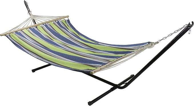 Northlight 32816522 Lime Green and Royal Blue 55" x 78" Stripe Poly Cotton Hammock with Wooden Bars and Tassels