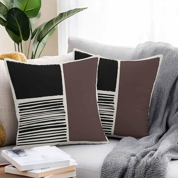 Throw Pillow Covers 18x18 Inch Set of 2, Brown Black Waterproof Outdoor Pillow Covers, Modern Abstract Art Farmhouse Striped Decorative Cushion Pillowcases for Couch, Sofa, Bed, Garden, Patio