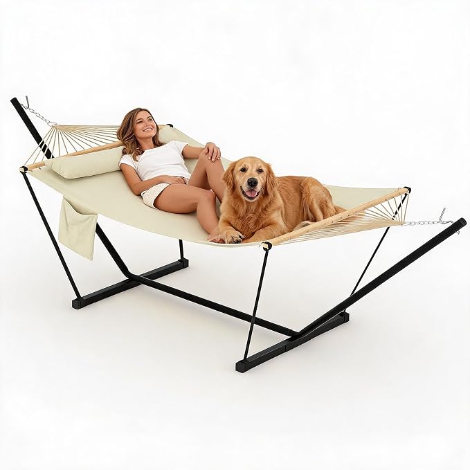 Double Hammock with Stand, 2 Person Heavy Duty Outdoor Hammock with 12FT Stand, Adjustable Steel Frame, Detachable Pillow,Carry Bag Included,450lbs Capacity, Indoor Outdoor Swing Bed– Offwhite