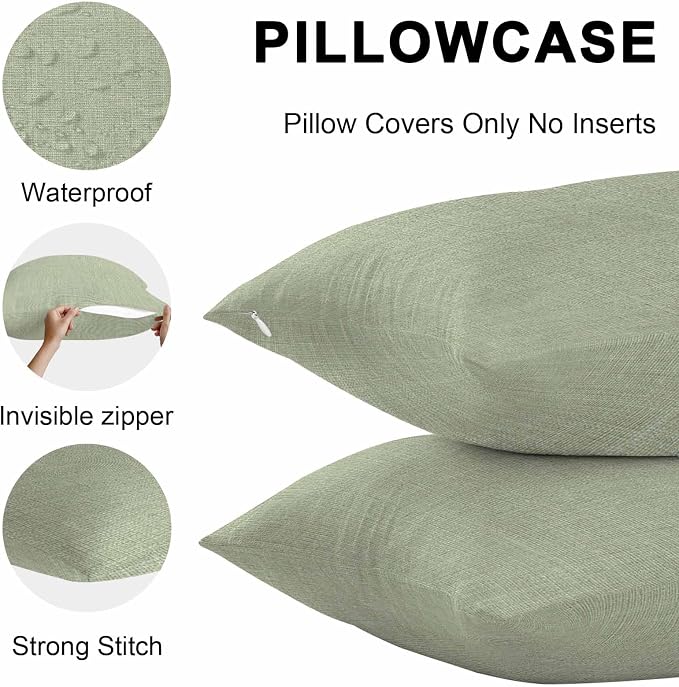 Pack of 2 Waterproof Outdoor Pillow Covers 26x26 Inch Decorative Pillow Covers Sage Green Burlap Texture Throw Pillowcases Farmhouse Vintage Sage Green Outdoor Cushion Cover for Couch, Patio, Tent