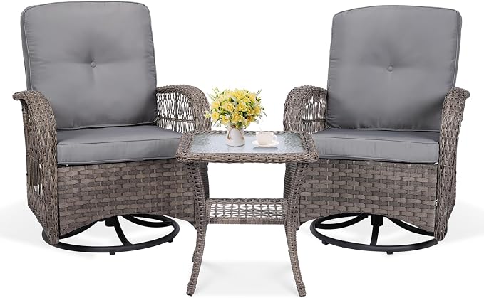 VIVIJASON 3-Piece Outdoor Conversation Bistro Set, Patio Swivel Glider Rocking Chairs Rattan Furniture Sets w/ 2 Rattan Chairs, Glass Top Side Table for Porch Backyard, Gray Wicker & Gray Cushions