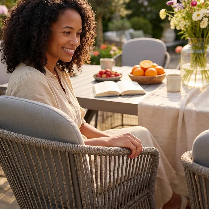 SUNSITT 9 Piece Outdoor Patio Dining Set, 65" - 107" Metal Expandable Outdoor Dining Table with X-Shape Legs, 8 Woven Wicker Outdoor Patio Chairs w/Curved Armrest for Garden, Dark Grey