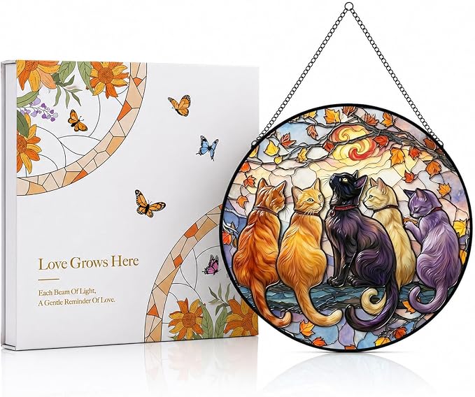 Deluxe Bundle | Stained Glass Window Hanging, Five Cats 3D Embossed Diamond Glass Suncatcher, 7-Piece Cat Lover Gift Set with Crystal Pendant & Invisible Hooks