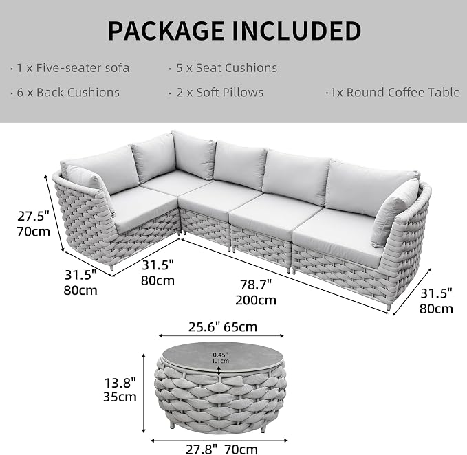 TWT 6-Piece Modular Outdoor Sectional Sofa Set, 5-Seater Woven Rope Patio Conversation Set with Coffee Table, Water-Resistant Cushions, for Backyard Balcony Deck,Khaki Gray