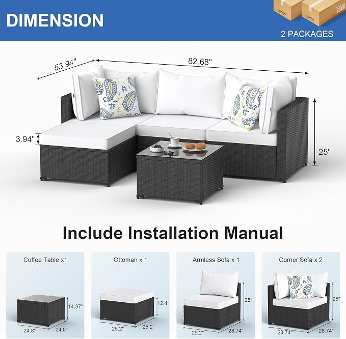 Patio Furniture Set, 5PCS Patio Sectional with Ottoman Wicker Rattan Outdoor Furniture with Thickened Cushion Modular Wicker Patio Conversation Set with Glass Top Table for Balcony, Backyard(White)