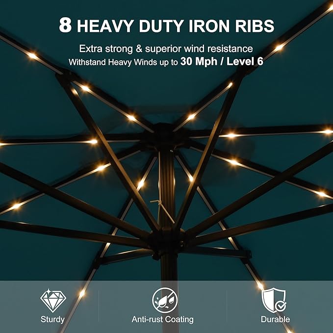 PURPLE LEAF 7.5' Round Patio Umbrella with Solar LED Outdoor Table Umbrella Aluminum Frame Market Umbrella with 8 Sturdy Ribs & Tilt for Garden Deck Lawn Pool Turquoise Blue
