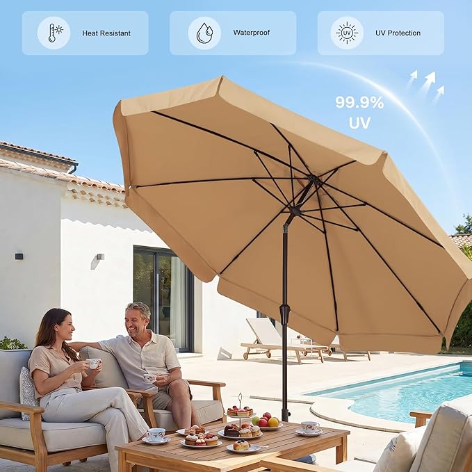ABCCANOPY 9ft Scalloped Patio Umbrella, Outdoor Table Umbrella with Tilt and Crank, Fiberglass Ribs Deck Umbrella for Patio, Pool, Garden, Picnic (Khaki)