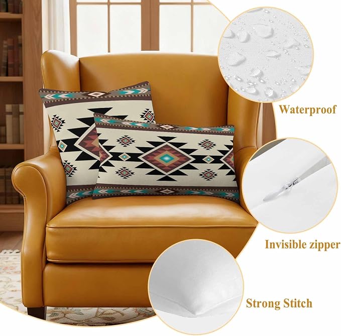 Southwest Geometric Waterproof Outdoor Pillow Covers 16''x16'' Set of 2, Brown Mexican Aztec Boho Tribal Patio Furniture Cushion Covers for Chairs, Decorative Pillow Cases for Garden/Pool/Beach