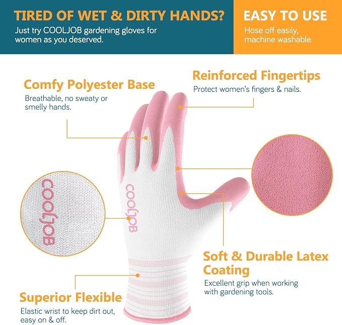 COOLJOB 2 Pairs Gardening Gloves for Women, Breathable Rubber Coated, M | Blue & Pink, Textured Latex Palm, Breathable Polyester Liner, Flexible Fit, Machine Washable, Women's Garden Gloves