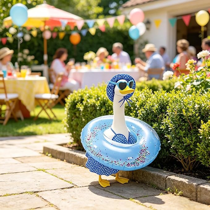 Hawaiian Porch Goose Outfits with Hat Sunglasses & Swim Ring, Summer Bikini Goose Swimsuit Clothes Costume Fits 23" Cement Geese Statue, Summer Garden Lawn Patio Yard Outdoor Decor (Summer style-Blue)
