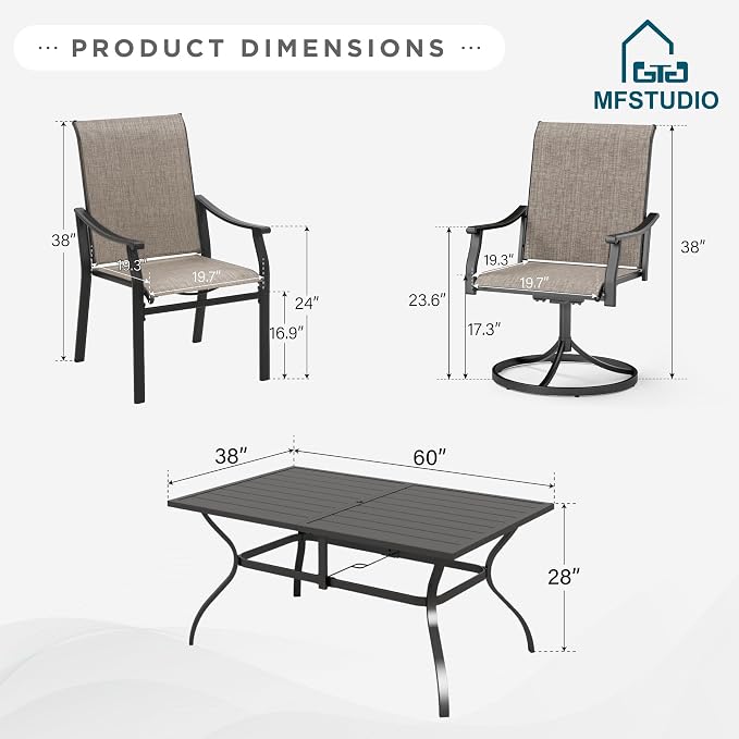MFSTUDIO Outdoor Patio Dining Set for 6, Outdoor Patio Set with 60"x 38"x 28" Metal Table, 4 Fixed and 2 Swivel Patio Chairs, Heavy Duty Outdoor Dining Table and Chairs for Patio Garden