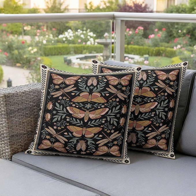 Vintage Butterfly Outdoor Waterproof Pillows Cover Pack of 2 Butterfly Moth Dragonfly Spring Decorative Pillowcases with Zipper Cushion Case for Patio Tent Couch Garden 24 x 24 Inches