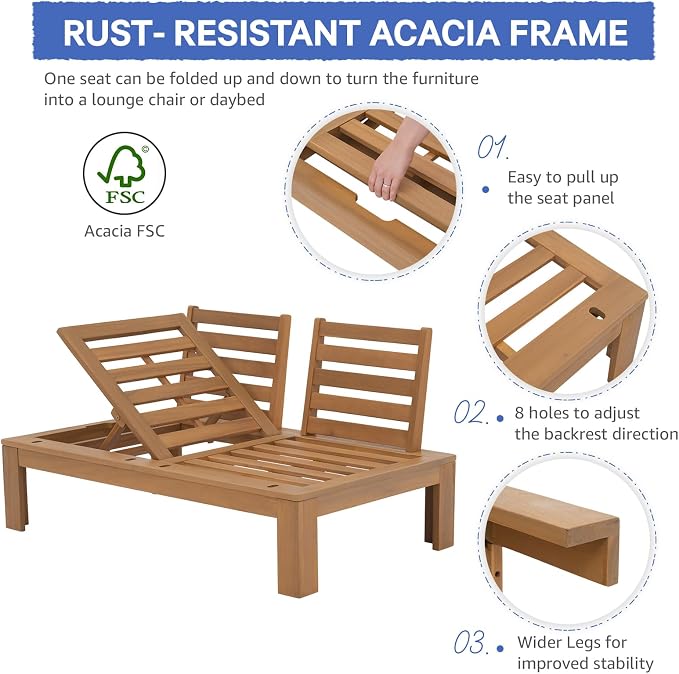 SUNSITT 2 Piece Acacia Wood Patio Furniture Outdoor Loveseat Sofa Set with Adjustable Armrest, FSC Certified L-Shaped Patio Set w/2-in-1 Coffee Table, Grey Cushions for Garden