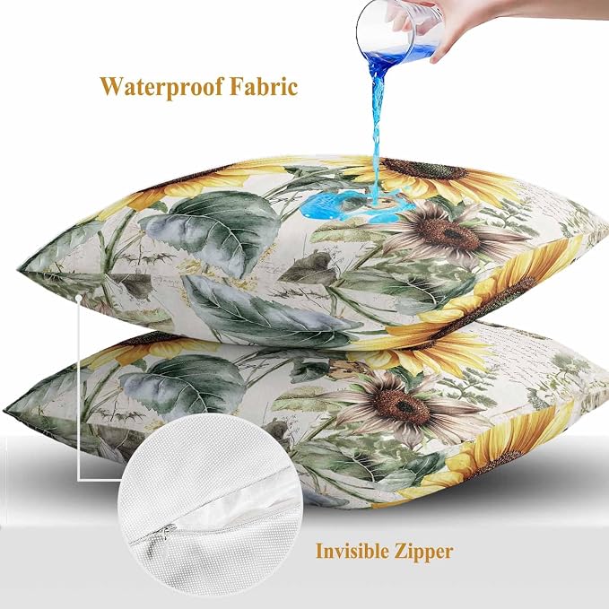 Vintage Yellow Sunflowers Outdoor Waterproof Throw Pillow Covers Set of 2, 16"x16", American Pastoral Style Decorative Pillow Covers Outside Cushion Case for Patio Porch Garden