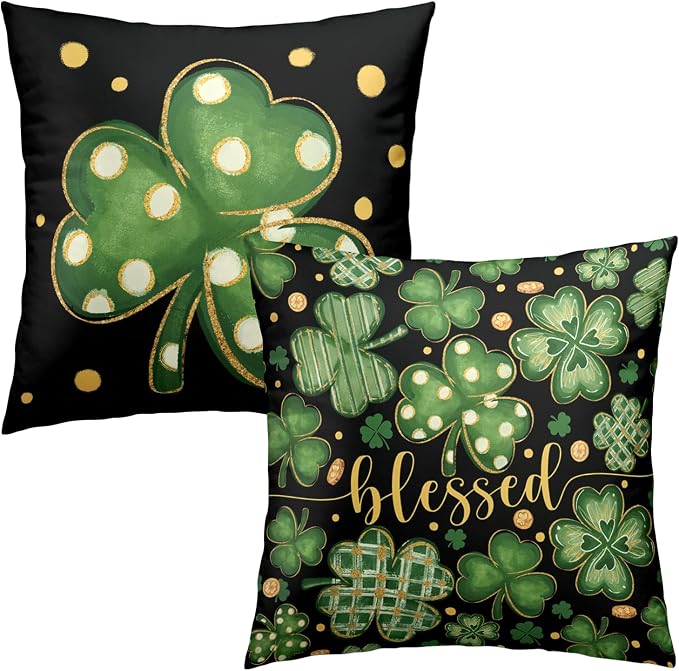 2 Pack St Patricks Day Pillow Covers Lucky Blessed Decorative Pillow Cases 22x22 Gold Coin Shamrock Clover Cushion Cases Saint Patricks Day Decorations for Home Sofa Couch