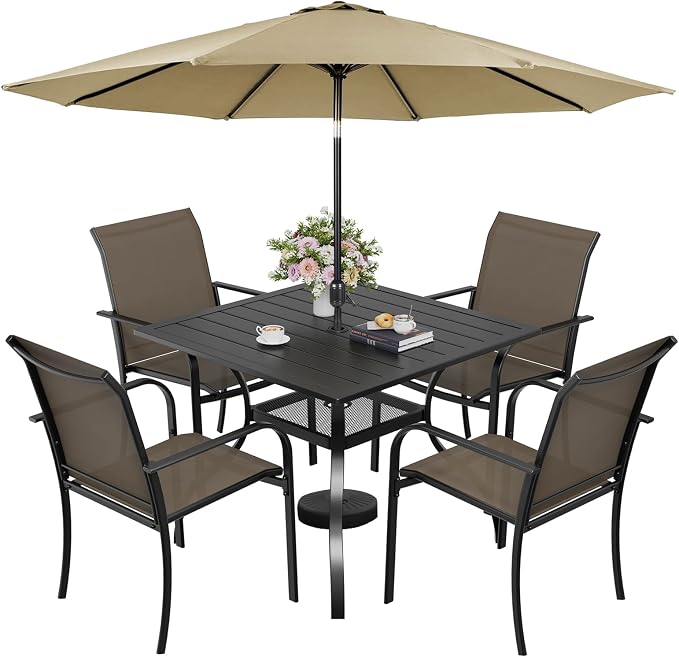 Incbruce 6-Piece Patio Furniture Set with Brown Umbrella, Patio Table and Chairs Set of 4 Textilene Chairs and Square Table with Umbrella Hole for Garden, Deck and Backyard (Brown)