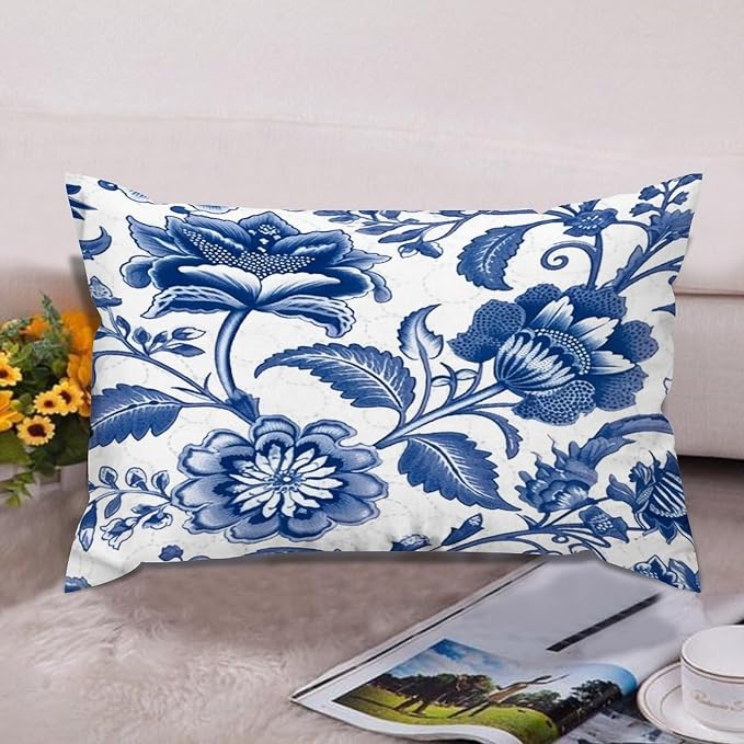 Set of 2 Blue and Ivory Indigo Floral Pillow Cases 12x18in Cushion Covers Farmhouse Pillows Covers for Couch Living Room Office Soft Rectangle Accent Pillowcase for Kids