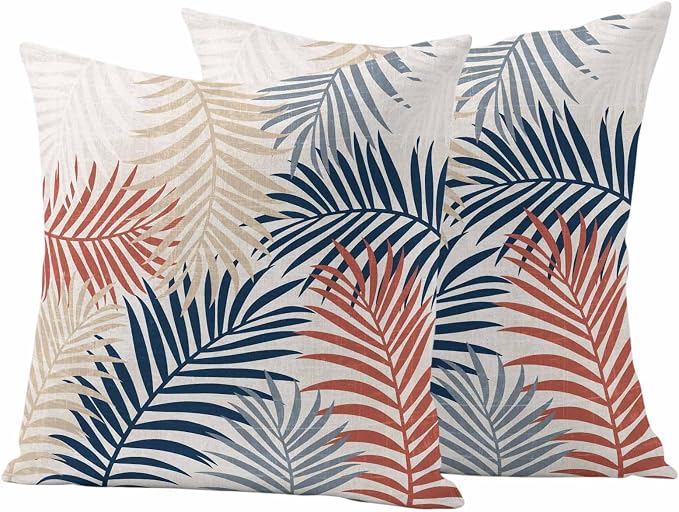 Outdoor Waterproof Throw Pillow Covers, Red Blue Yellow Palm Leaves Decorative Pillow Cases, Summer Botanical Tropical Leaf Couch Pillow Protector Patio Sofa Cushion Covers Replacement 18"x18" 2 Pack