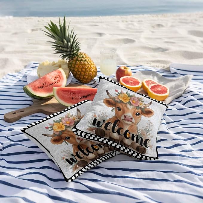 Funny Cow Outdoor Pillow Covers 24x24 Inch Throw Pillow Covers Set of 2 Waterproof Decorative Pillow Cases Cute Animal Flowers Wreath Welcome Text Black Gray Cushion Covers for Patio Furniture Garden