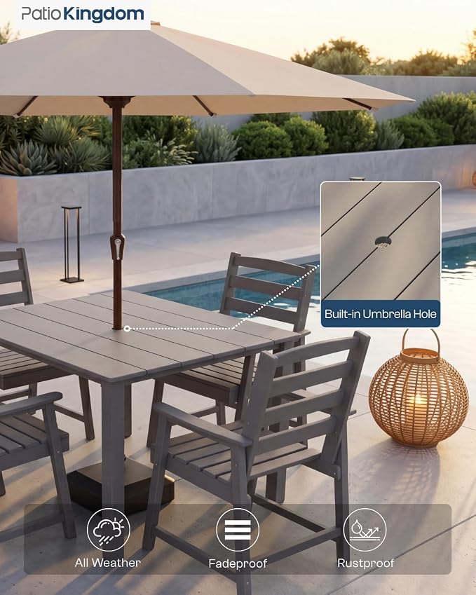 HDPE Outdoor Dining Set for 4 with 10FT Umbrella, Grey | All-Weather HDPE, Wood Grain Finish, 42.5" Square Table, Built-In Umbrella Hole, Seats 4, Patio & Poolside Ready