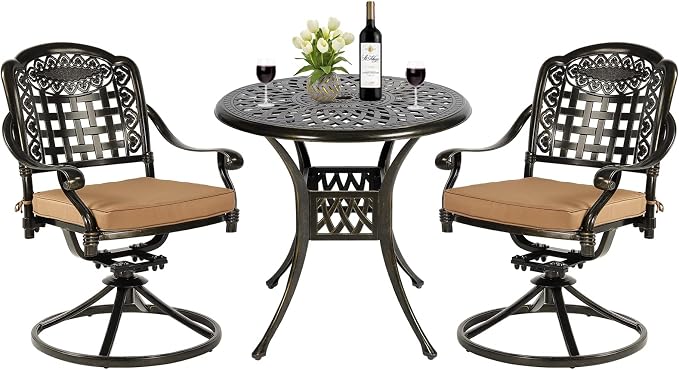 MEETWARM 3-Piece Outdoor Patio Dining Set, All-Weather Cast Aluminum Patio Conversation Set with 2 Cushions Swivel Rocker Chairs and 31" Round Table for Backyard Garden Deck, 2.2" Umbrella Hole