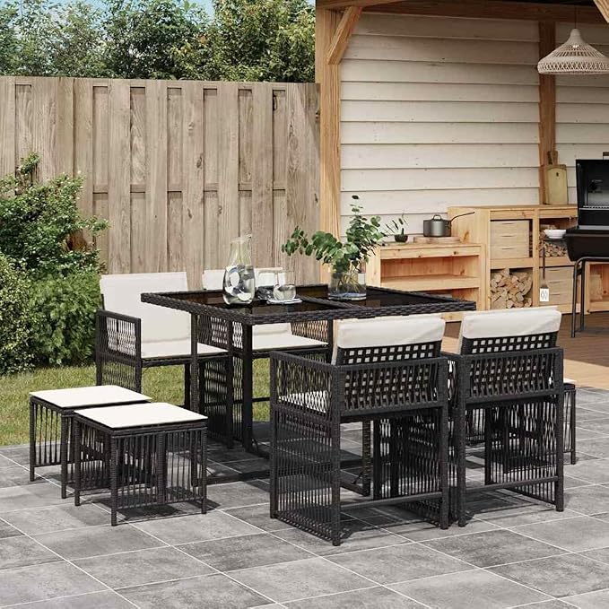 9-Piece Garden Dining Set, Black Poly Rattan Outdoor Patio Table and 8 Chairs with Cream White Cushions, Space Saving Foldable Stackable Furniture Set for Backyard Decor