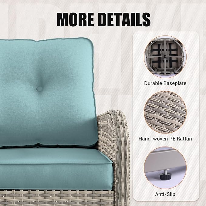 13Pcs Patio Rocking Swivel Chair with 55,000 BTU Fire Pit Table Outdoor Wicker Rattan Bistro Set with Tempered Glass Side Table, Patio Furniture Set for Garden and Balcony, Light Blue