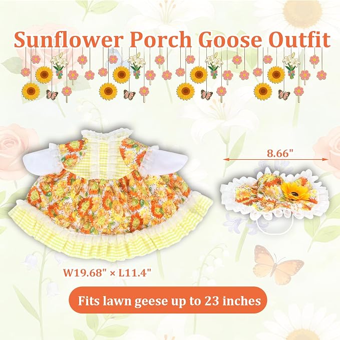 Spring Porch Goose Outfit, Sunflower Goose Outfits Fits 17-23 In Statue | Summer Goose Clothes with Hat for Outdoor Yard Lawn Patio Plastic Cement Decor