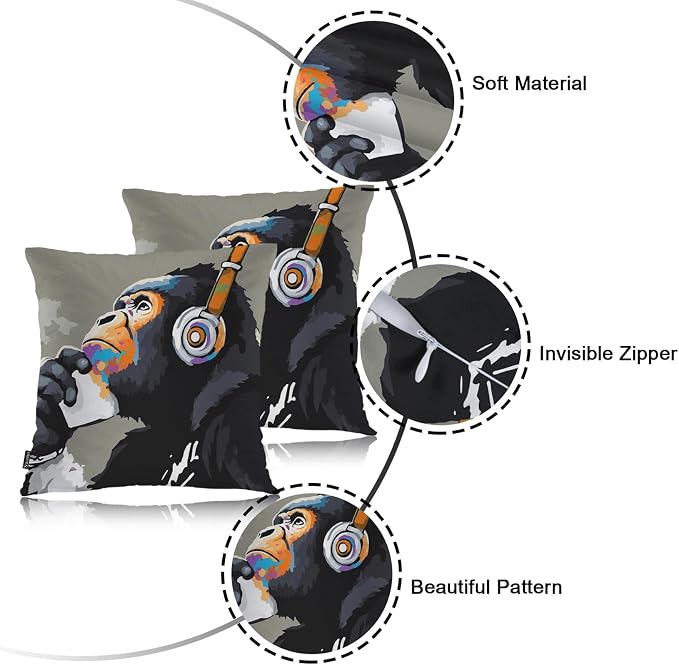Swono Monkey Throw Pillow Case, Funny Chimpanzee Monkey Headphone Music Square Home Decorative Cushion Cover for 18 X 18 Inches Pillow Covers, 2 Pack Pillowcases for Bedroom Office Dorm Couch
