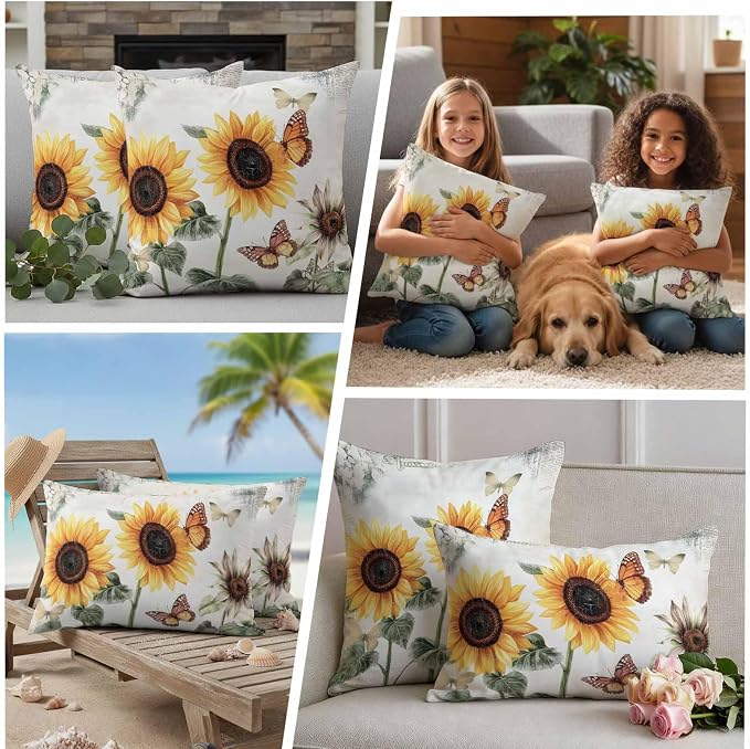 Sunflower Outdoor Waterproof Throw Pillow Covers Set of 2, 16"x16", Farmhouse Rustic Retro Summer Floral Butterfly Decorative Pillow Covers Outside Cushion Case for Patio Porch Garden