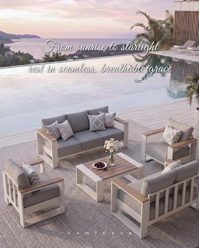 Oversized Aluminum Patio Furniture, 1 Piece Luxury Outdoor Furniture with 7.1" Extra Thick Cushion, Modern Outdoor Sectional 3-Seat Sofa for Porch, Garden and Deck, Gray