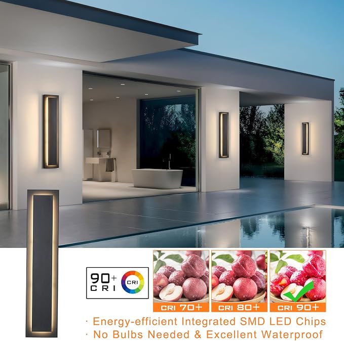 23.6 Inch Modern Outdoor Wall Sconce, Long Black LED Exterior Lighting Fixtures, Modern Large Outdoor Front Porch Lights Outside Wall Mount Lights for House, Warm White 3000K, 1 Pack