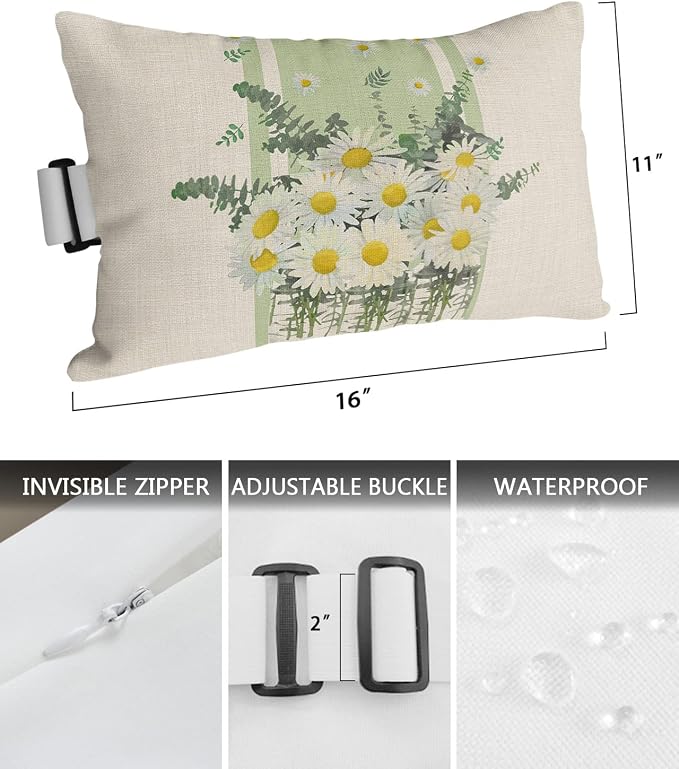 Outdoor Pillows Covers with Inserts Flowers White Daisy Leaves Green Stripe Retro Linen Waterproof Pillow with Adjustable Strap Throw Pillows for Patio Furniture Recliner Lounge Chair, 11" x 16", 1PCS