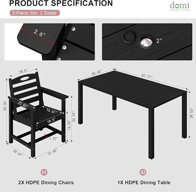 Domi HDPE Outdoor Dining Set, All-Weather 3 Piece Outdoor Dining Table Set with 2" Umbrella Hole, Outdoor Patio Dining Set for Garden, Poolside, Backyard, Deck, Black