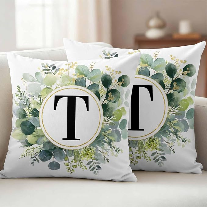 Letter T Waterproof Outdoor Pillow Covers Set of 2 Home Decor, Alphabet Green Eucalyptus Leaves Lumbar Pillowcase Patio Pillow Covers for Couch Bench Patio Furniture Garden 20x20in